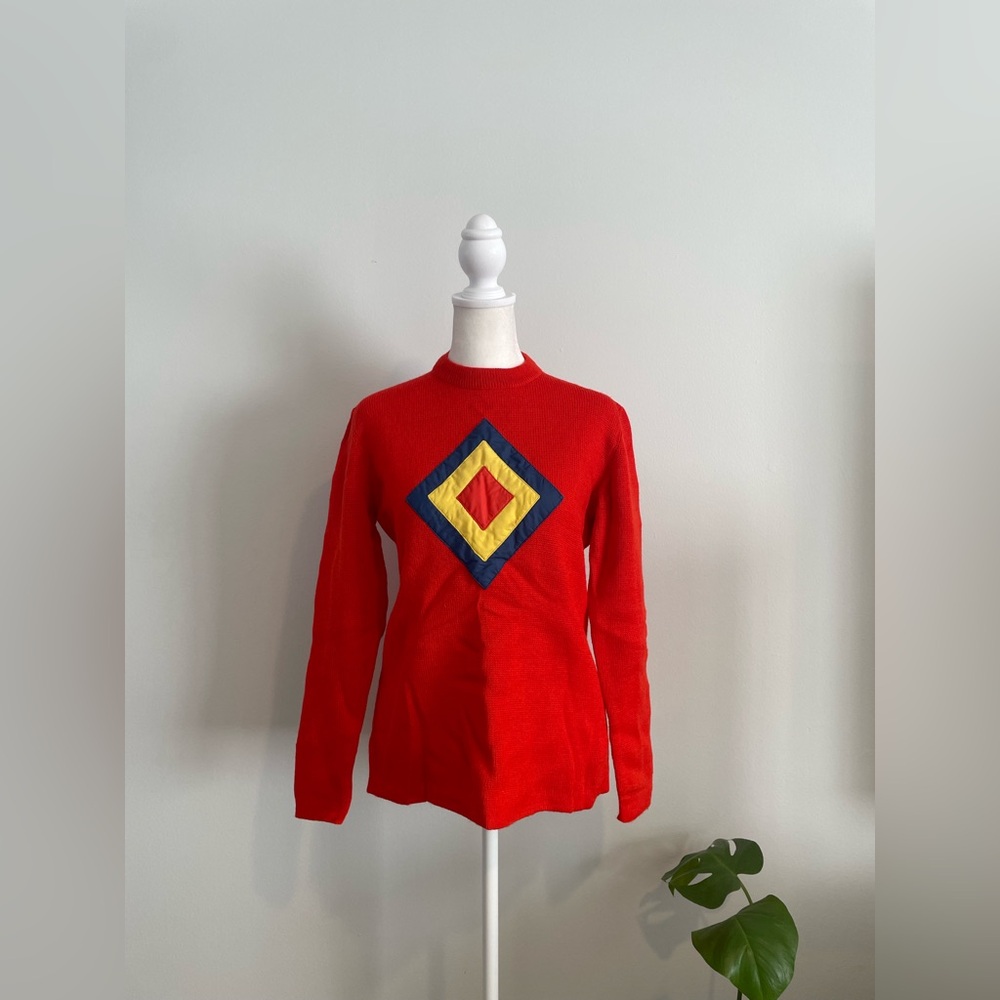 Vintage 60s/70s White Stag Novelty Sweater with Diamond Shape Patchwork Appliqué